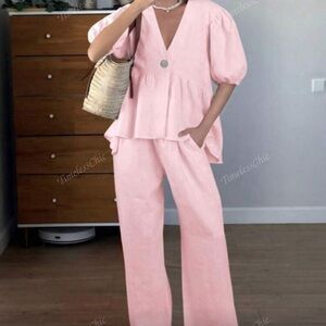 Pink V-Neck Puff Sleeve Top and Pants Set